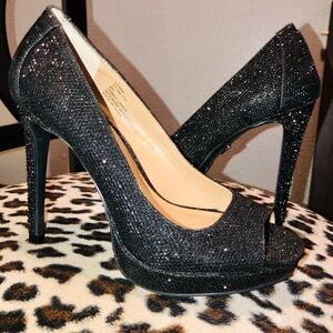 Thalia Sodi Glitter Black Peep-Toe Heels